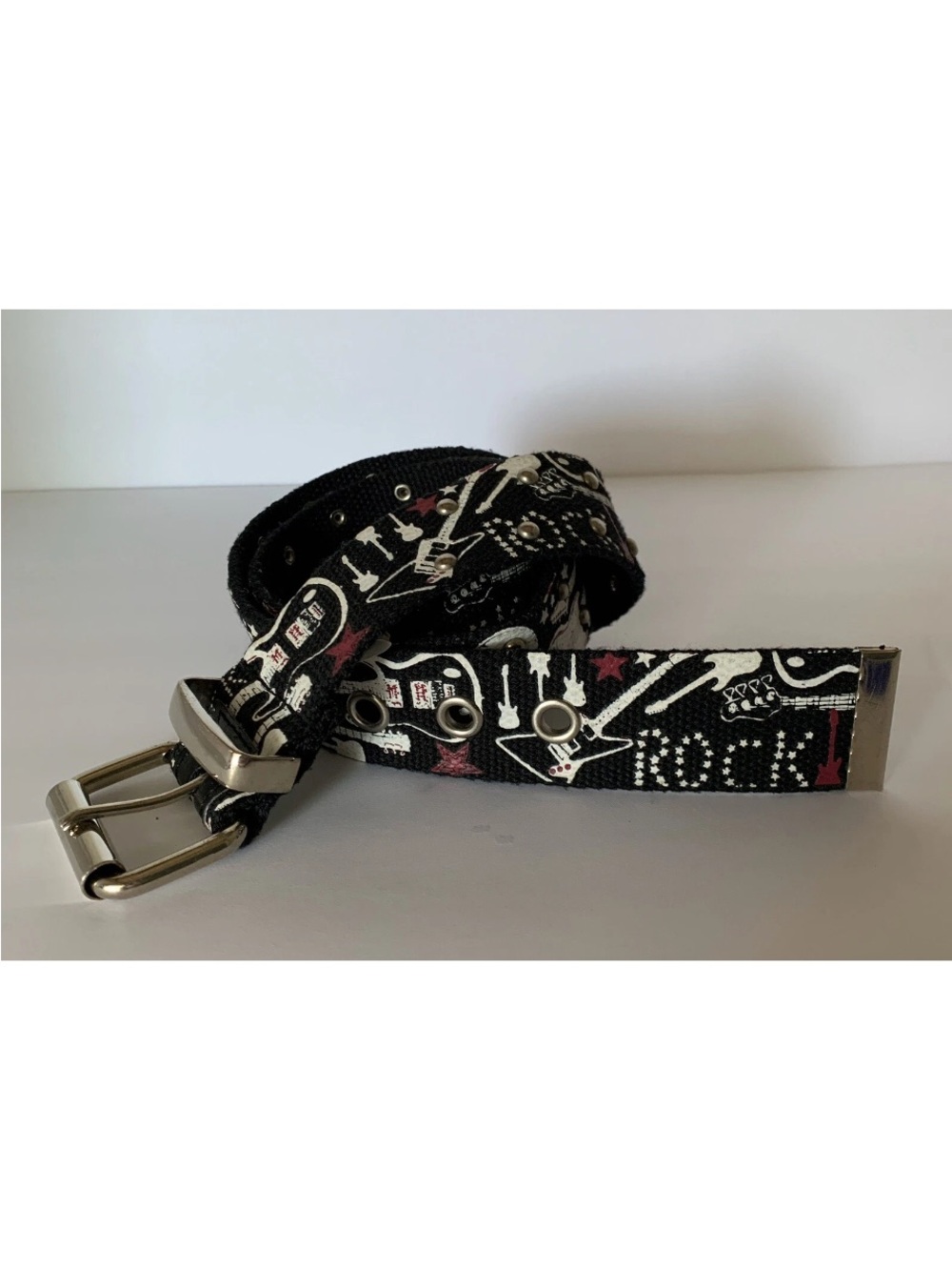 Rock Music Guitar Goth Studded Print Metal Buckle Belt Size L Relic Brand